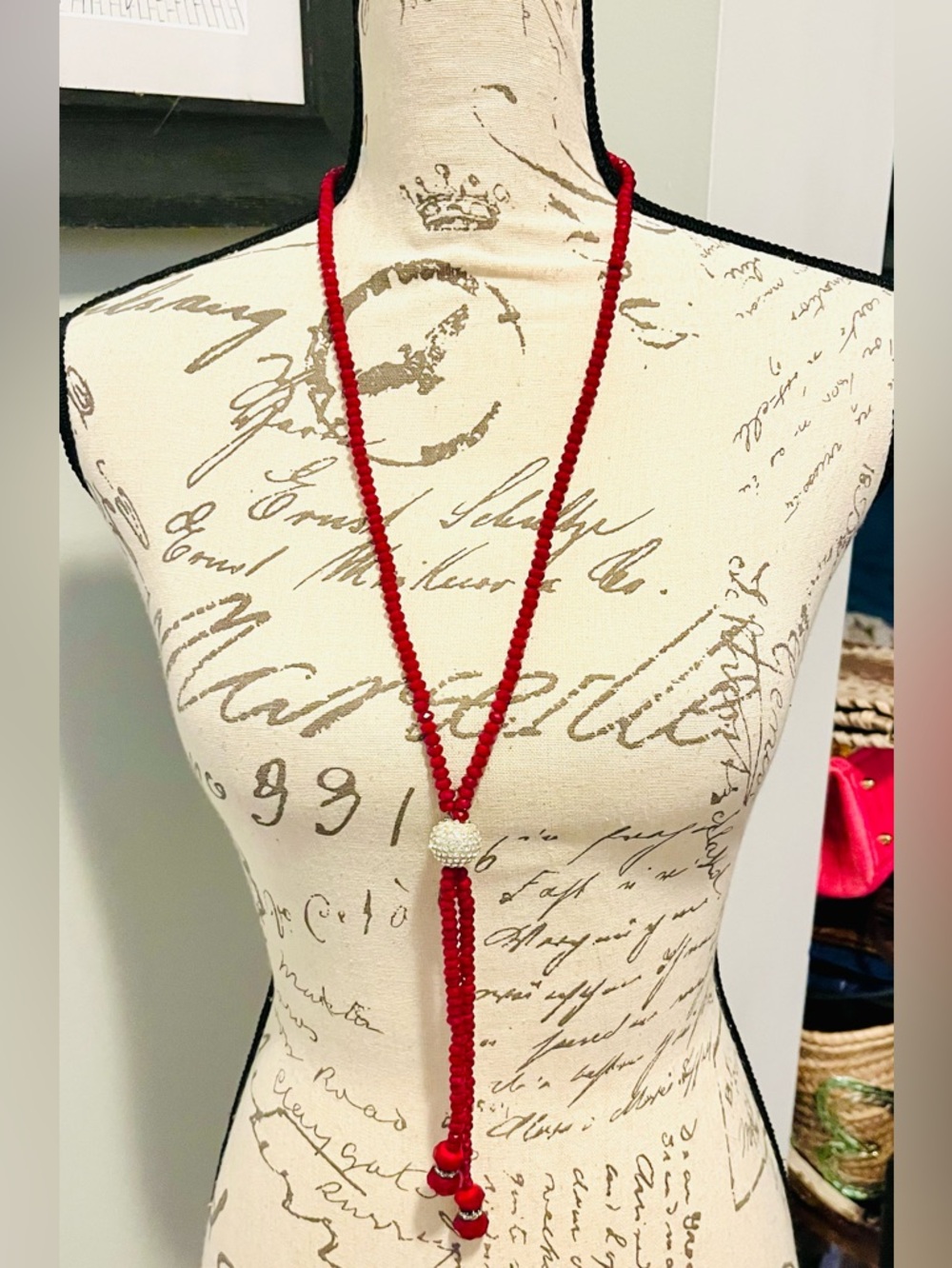 Vintage Shay Red Crystal Lariat Necklace 42” AB Rhinestone Tassel